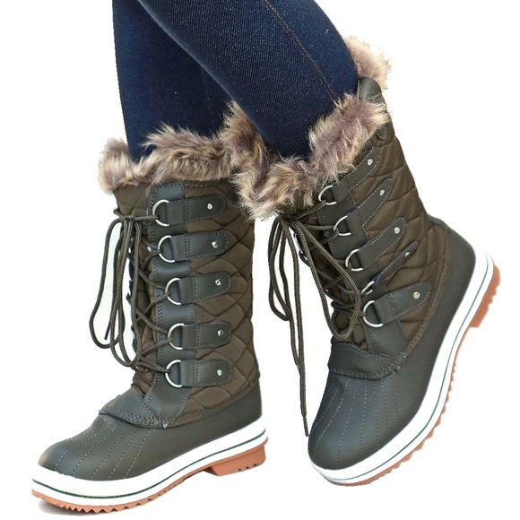 Shoes - New Olive Quilted Lace Up Weatherproof Snow Boots